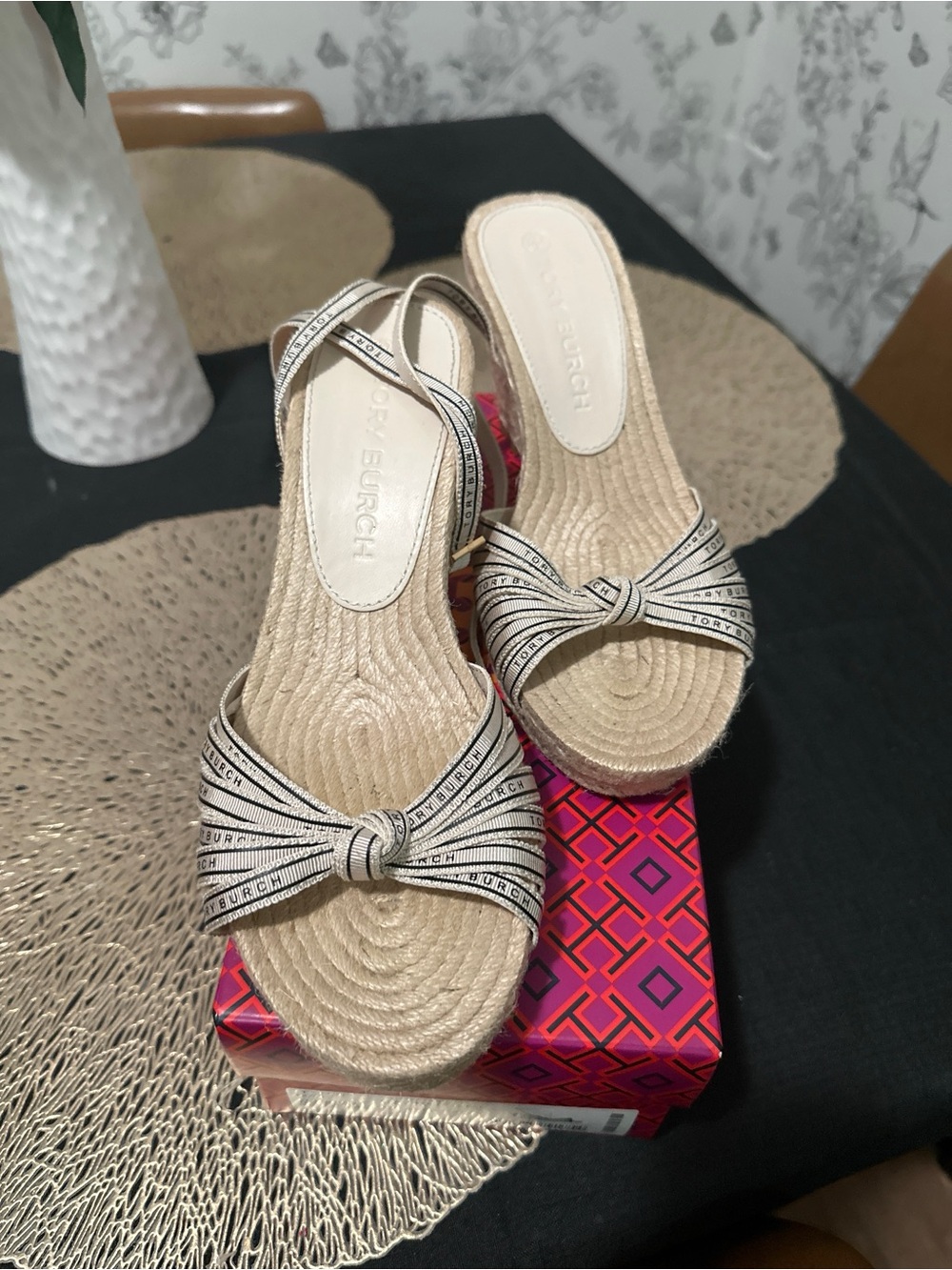 Tory Burch Beige Knotted Stripe Espadrille Mule